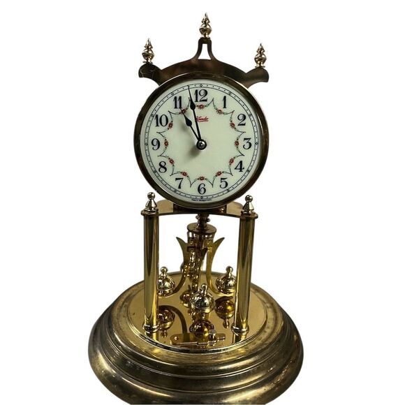 Vintage Kundo Anniversary Clock Brass Floral Motifs Glass Dome - Ubtested - Picture 2 of 6